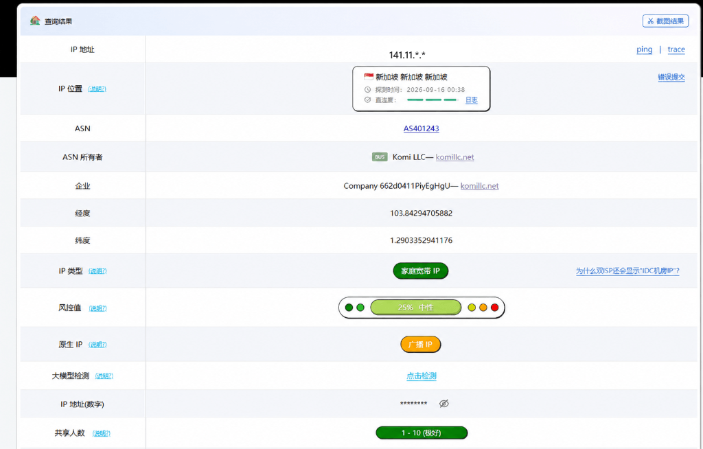 神行加速新加坡节点 IPChecking 属性与纯净度检测图
